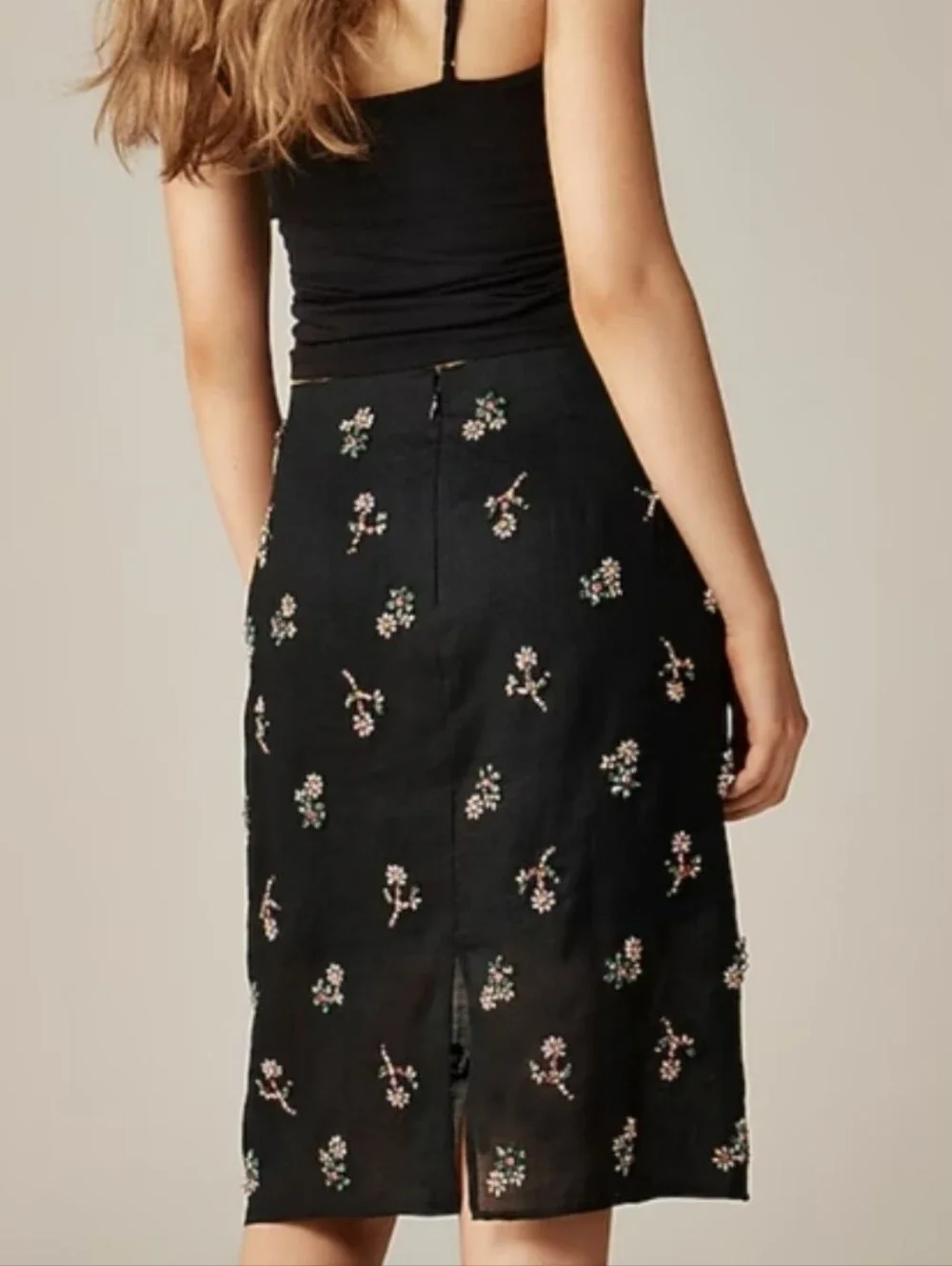 J. Crew Black Midi Skirt with Petite Floral Motif